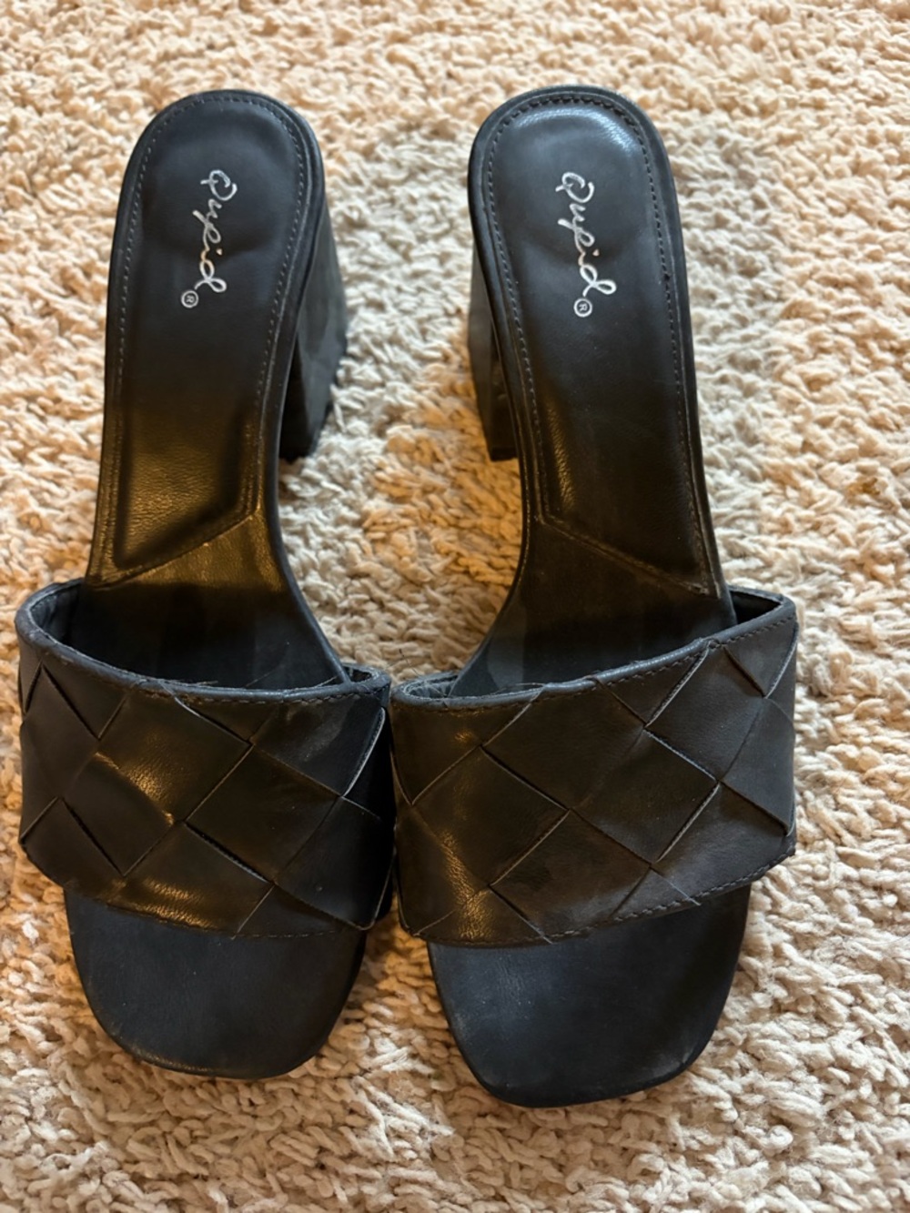Qupid Black Woven Slide Mule with Block Heel